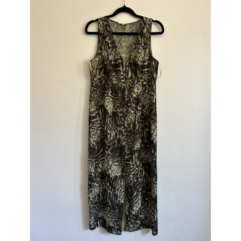 Good American Size 2 Jungle Slip Dress Midi Sleeveless V-Neck Green Button Up